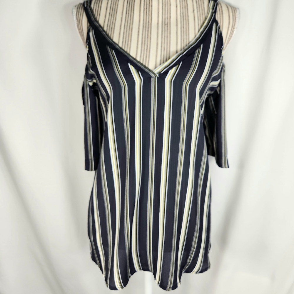 Sienna Sky Navy w/Yellow & White Stripes Short Sleeve Cold Shoulder Top Medium